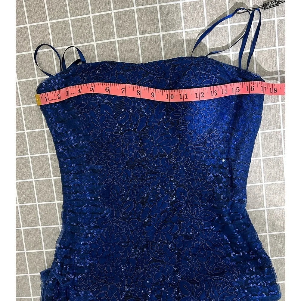 La Femme Navy Blue Floral Strapless Sequin Dress Gown